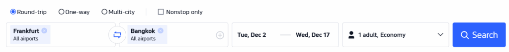Screenshot Beispeilbuchung Flights from Frankfurt to Bangkok Trip