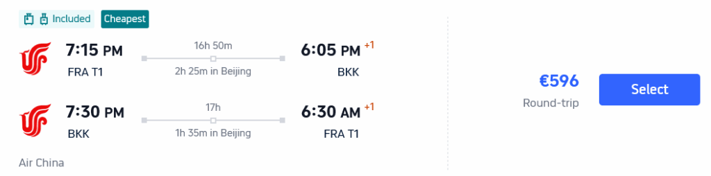 Screenshot Flights from Frankfurt to Bangkok Air China Trip