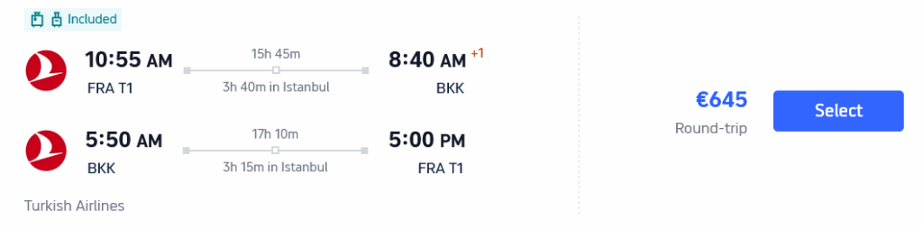 Screenshot Flights from Frankfurt to Bangkok TK Trip