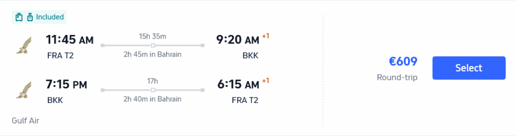 Screenshot Gulf Air Flights from Frankfurt to Bangkok Dezember 2025 Trip