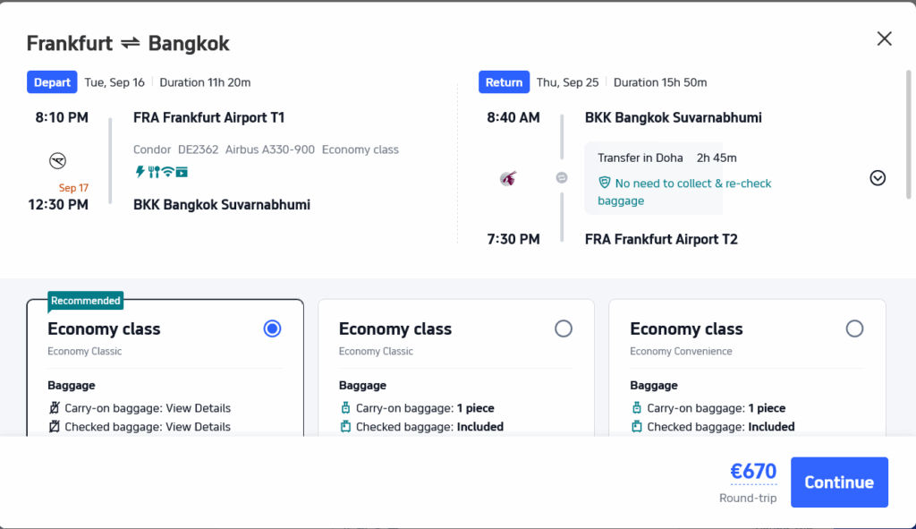 Screenshot Zusammenfassung Fluege Condor Qatar 16.09. 25.09.25