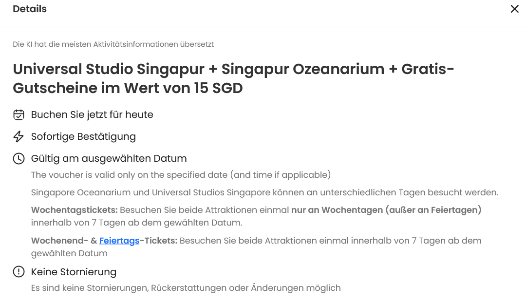 Universal Studios SIN Paket Details