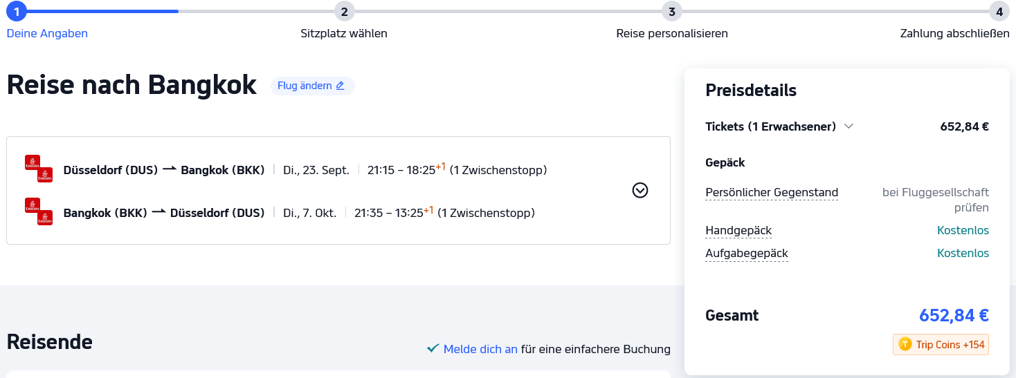Buchungsstrecke DUS BKK September EK