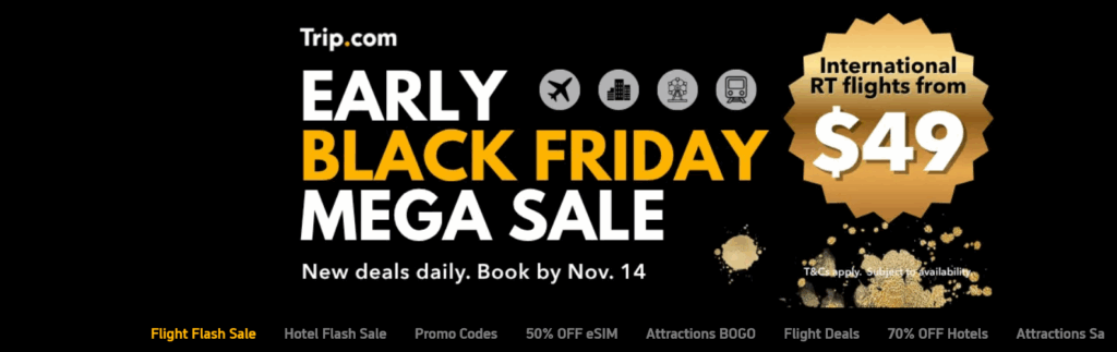 Early BLACK FRIDAY Sale bei Trip com: Hotel Flash Sale täglich um 2 Uhr nachts, Hotels in Südostasien bis zu 70% reduziert, eSim´s schon für 0,20 Euro 3 Black Friday Trip I