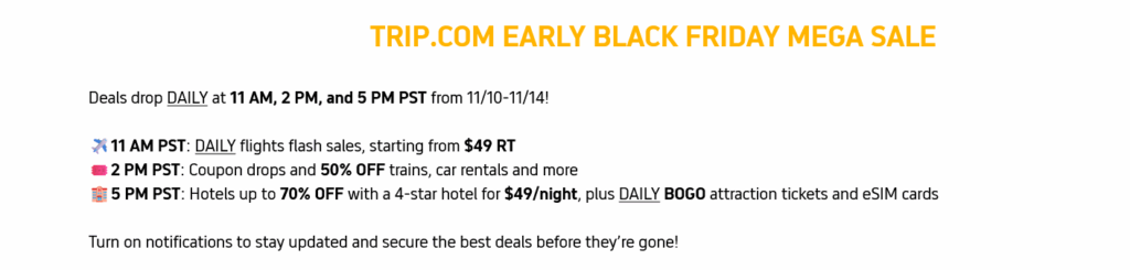 Early BLACK FRIDAY Sale bei Trip com: Hotel Flash Sale täglich um 2 Uhr nachts, Hotels in Südostasien bis zu 70% reduziert, eSim´s schon für 0,20 Euro 4 Black Friday Trip II