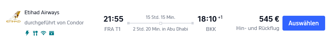 Thailand Flug-Kracher! Hin- & Rückflug inklusive Vollgepäck im Mai & Juni 2026: Mit Etihad Airways (Condor) oder ITA Airways von Deutschland für 535 Euro nach Bangkok 8 EY DE FRA BKK Mai 2026