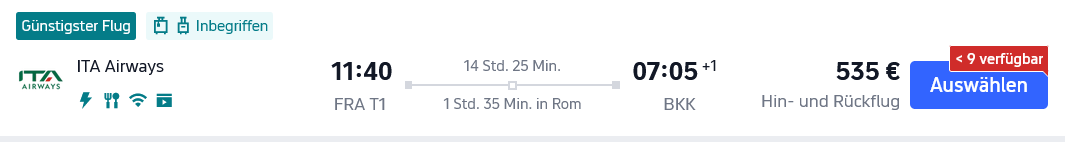 Thailand Flug-Kracher! Hin- & Rückflug inklusive Vollgepäck im Mai & Juni 2026: Mit Etihad Airways (Condor) oder ITA Airways von Deutschland für 535 Euro nach Bangkok 9 ITA Airways FRA BKK Mai 2026